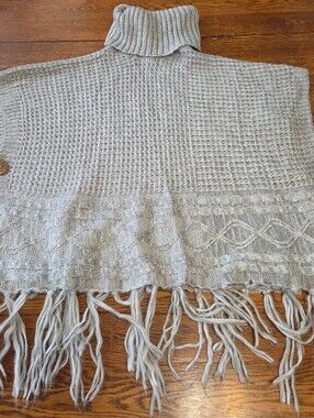 Light Gray Turtleneck Fringe Poncho Sweater